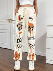 SHEIN Unity Skull & Snake Print Pocket Drawstring Waist Casual Sweatpants - Apricot - View 5