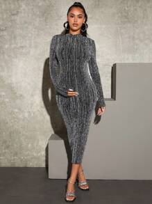 MaterniChic Maternity Mock Neck Glitter Bodycon Dress With Long Sleeve, For Party