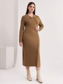 Mulvari 大碼前紐扣條紋針織毛衣洋裝 - 駝色 - 查看 2