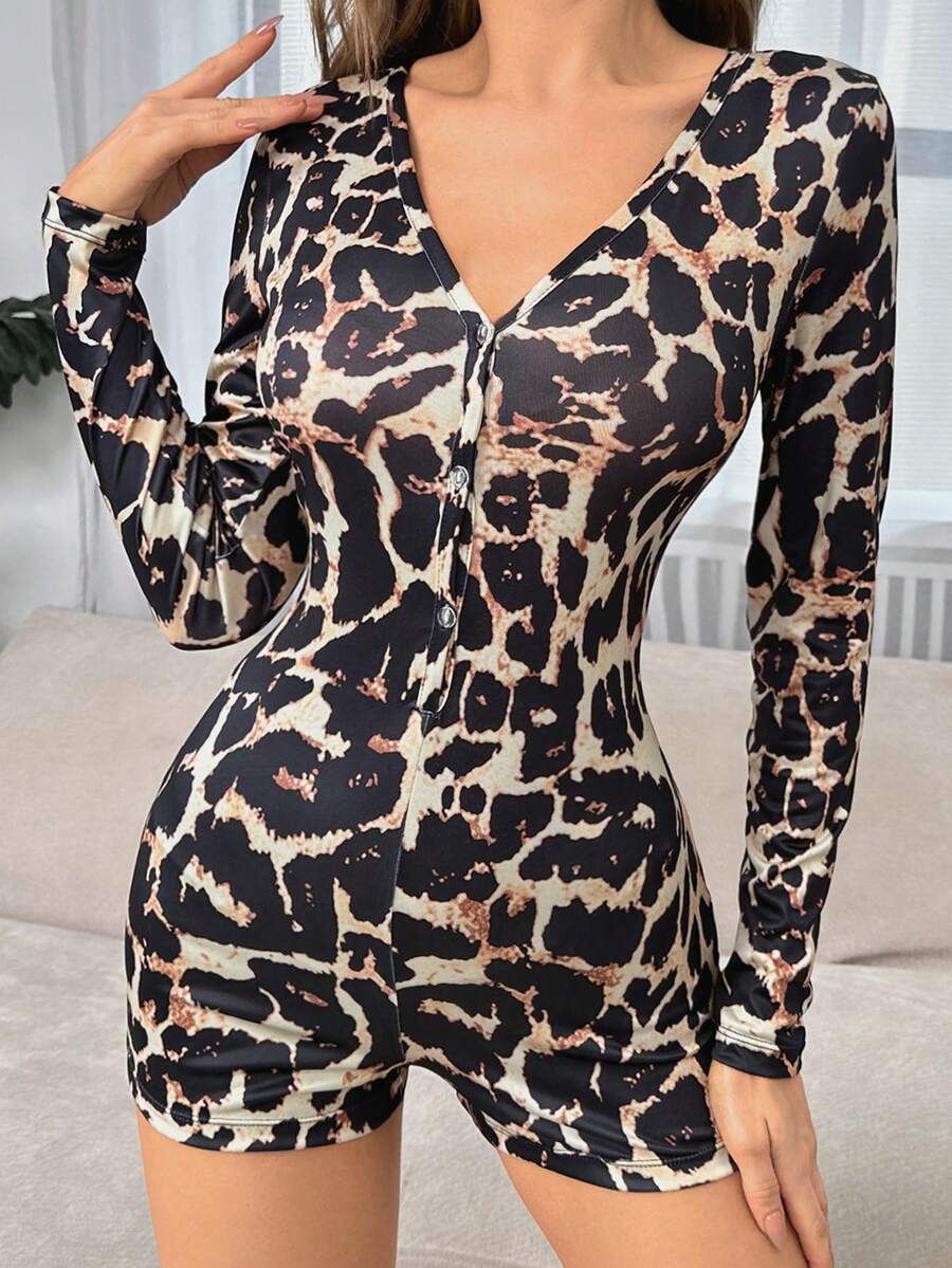 Leopard Print Button Front Romper - Multicolor - View 1