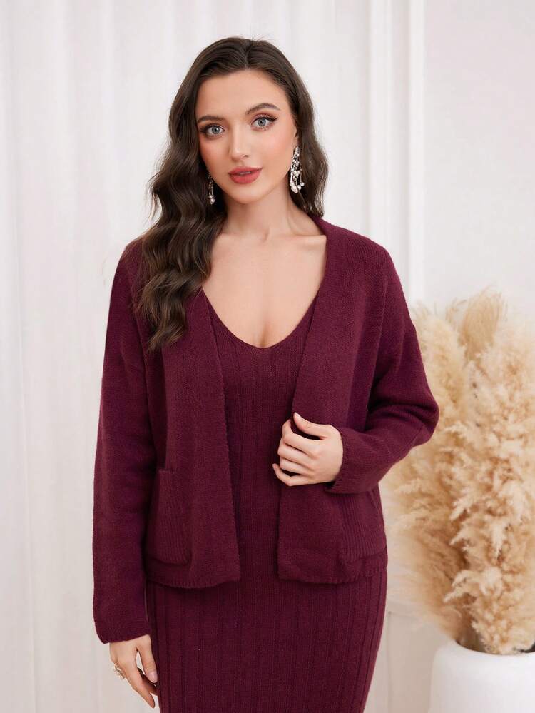 Burgundy Red Solid Crop Knit Top & Sweater Dress