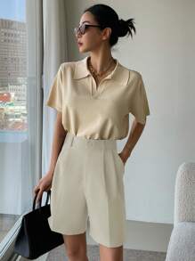 DAZY 拼接細節斜口袋短褲 - 杏色 - 查看 3