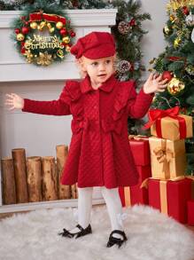 SHEIN Baby Girl Ruffle Trim Fold Pleated Coat & Hat For Christmas Mommy&Me Matching (3 Pieces Are Sold Separately) - Red - View 4