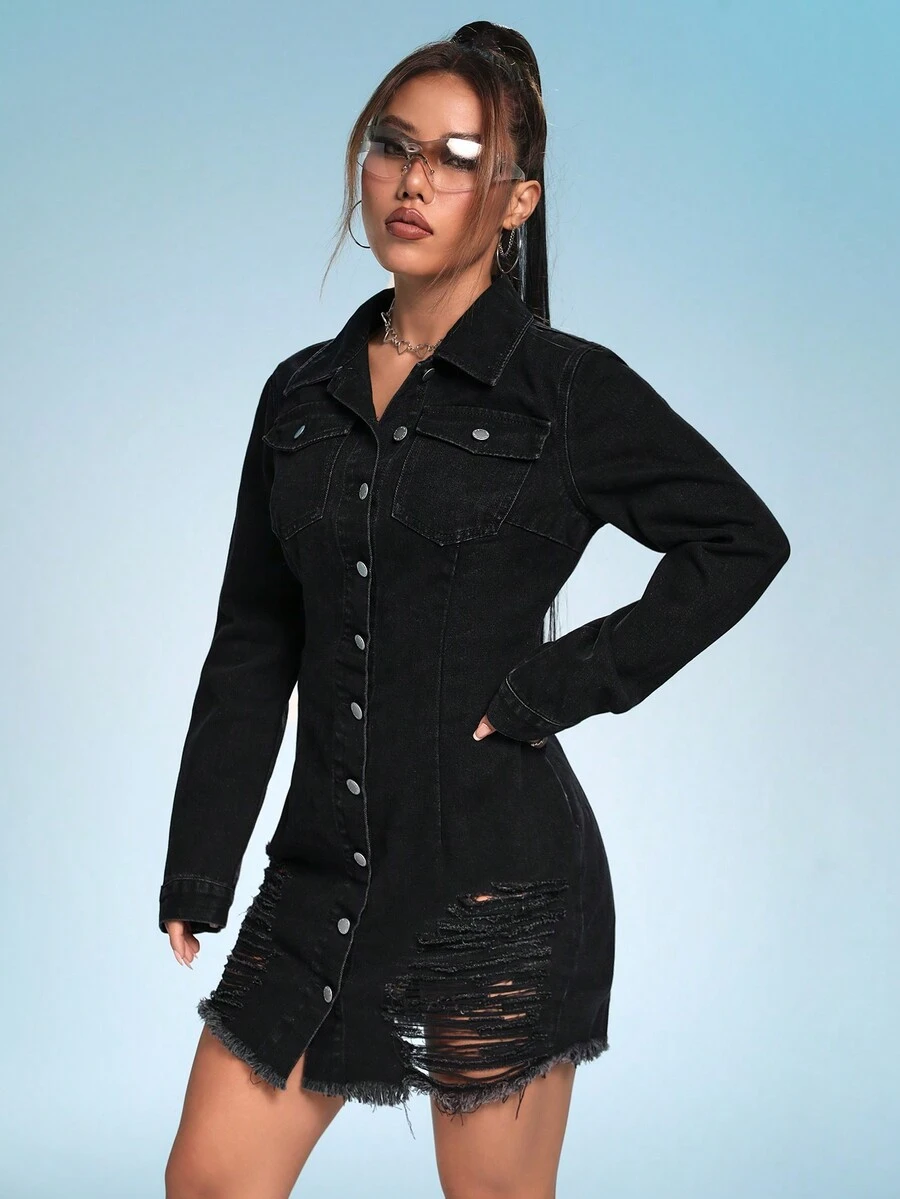 SHEIN ICON 破洞毛邊牛仔洋裝 - 黑色 - 查看 1