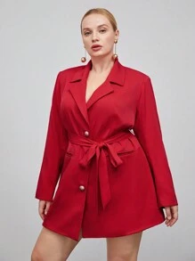 BizChic 大碼西裝領腰帶西裝洋裝 - 紅色 - 查看 4