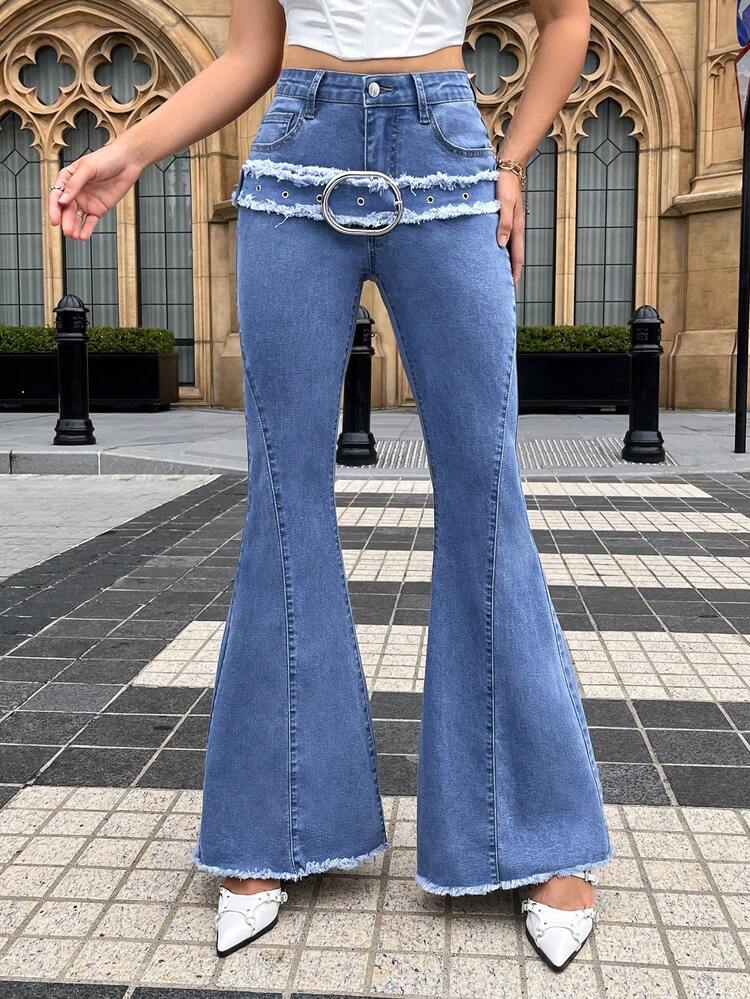 Raw Trim Buckle Front Flare Leg Jeans