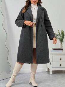 SHEIN Privé Plus Lapel Neck Double Breasted Belted Overcoat In Fall/Winter - Dark Grey - View 4