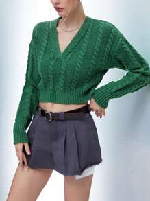 Flirla Cable Knit Drop Shoulder Crop Knit Pullover Fall Winter Sweater - Green - View 5