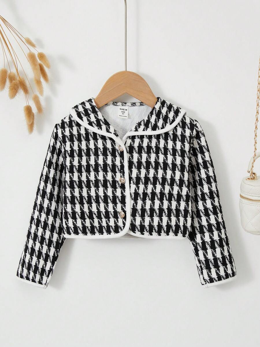 SHEIN Young Girl Houndstooth Print Contrast Binding Jacket - Multicolor - View 1