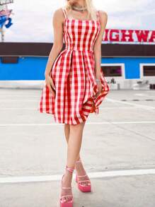 SHEIN Unity Women's Plaid Print Casual Retro Strap Dress - Red - View 4