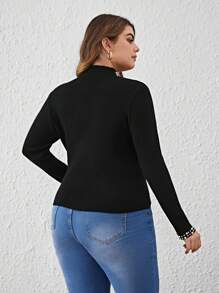 SHEIN Privé 秋冬珍珠串珠罗纹针织毛衣 - 黑色 - 查看 2