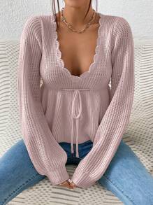 SHEIN Privé 貝殼邊燈籠袖前繫帶荷葉邊下擺套頭毛衣 - 粉色 - 查看 4