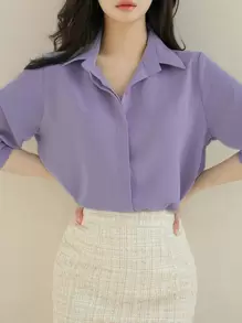 DAZY Solid Button Front Shirt,Long Sleeve Tops - Purple - View 3