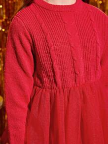 SHEIN Tween Girl Mesh Hem Sweater Dress - Red - View 5