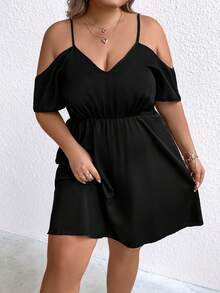 SHEIN CURVE+ Plus Cold Shoulder A-line Dress - Black - View 6
