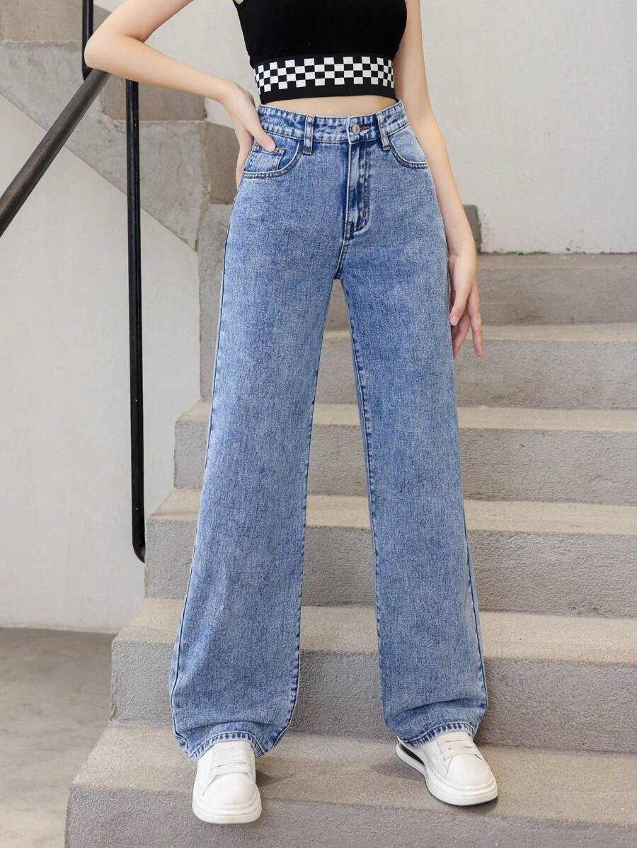 SHEIN Teen Girl Slant Pocket Straight Leg Jeans - Medium Wash - View 1