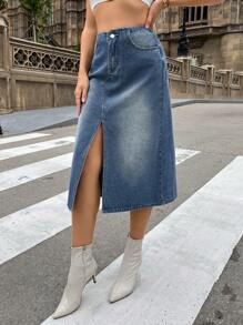 SHEIN ICON High Waist Split Thigh Denim Skirt - Medium Wash - View 4
