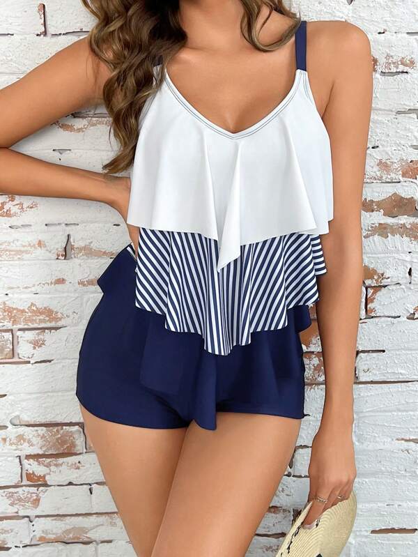Swim Lushoire Summer Beach Striped Print Shorts Tankini