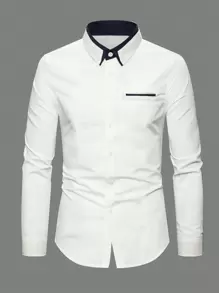 Men Contrast Trim Button Up Shirt - White - View 1