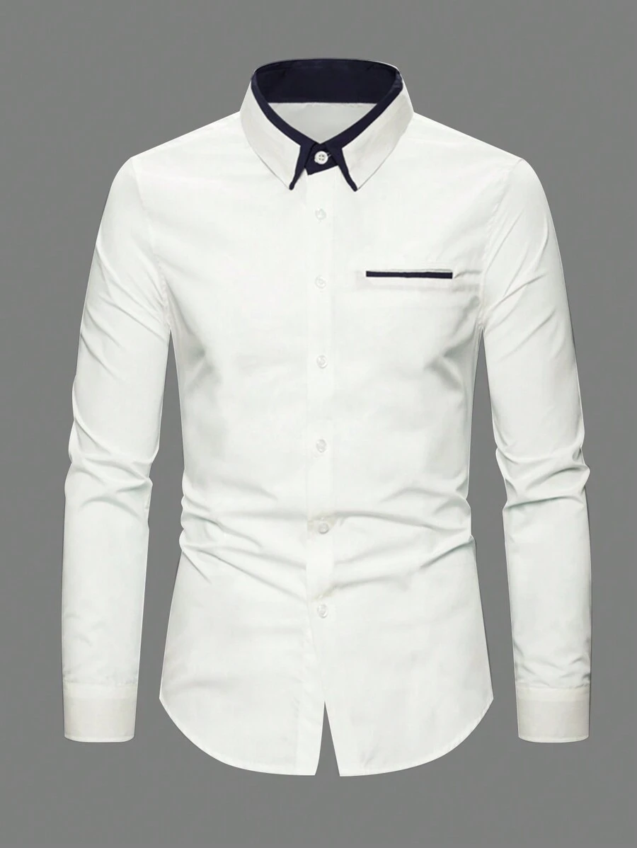Men Contrast Trim Button Up Shirt - White - View 1