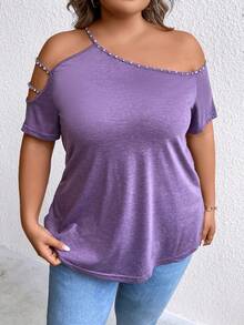 SHEIN CURVE+ 大碼不對稱領鏤空T恤 - 紫色 - 查看 3