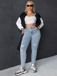 SHEIN EZwear Hơn Quần jean rách - Rửa nhẹ - Xem 4