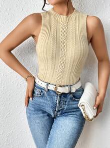 SHEIN Essnce Solid Cable Knit Tank Knit Top - Apricot - View 6