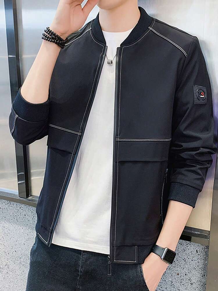 Men's Loose Fit Contrast Topstitching Zip Up Bomber Jacket