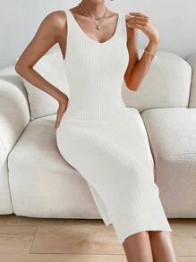 SHEIN Privé Solid Ribbed Knit Sweater Dress - White - View 1