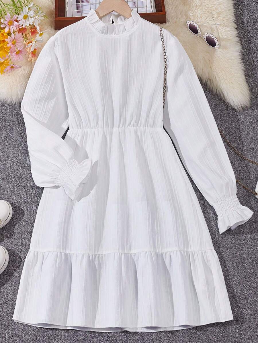 SHEIN 女大童喇叭袖荷葉邊下擺洋裝 - 白色 - 查看 1