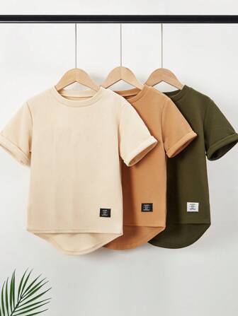 SHEIN 男大童3入組字母補丁細節高低下擺T恤