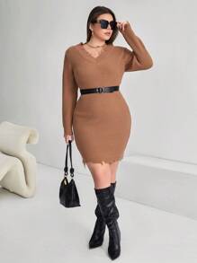 SHEIN Essnce Plus V Neck Distressed Sweater Dress Without Belt - Khaki - View 3