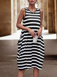 SHEIN LUNE Striped Print Tank Dress - Black and White - View 5