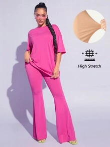 SHEIN SXY Drop Shoulder Tee & Flare Leg Pants Set - Hot Pink - View 1