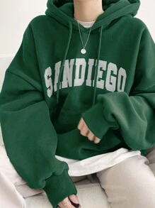 DAZY 女士保暖连帽卫衣，休闲字母印花套头连帽衫，秋冬 - 墨綠色 - 查看 5