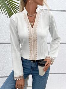 SHEIN VCAY Guipure Lace Panel Notched Neckline Blouse - White - View 5