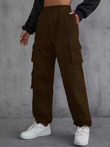 SHEIN EZwear Quần bó sát có túi nắp chắc chắn - Cà phê nâu - Xem 3