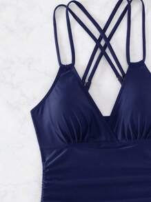 Swim Lushoire Summer Beach Floral Print Drawstring Side Tankini - Navy Blue - View 6