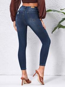 SHEIN Essnce High Waist Ripped Skinny Jeans - Dark Wash - View 2