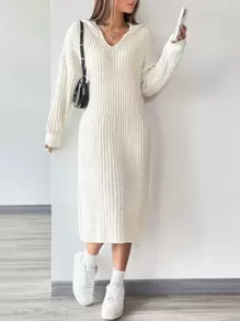 Flirla 落肩袖連帽毛衣洋裝 - 白色 - 查看 3