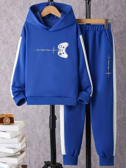 男童遊戲手柄和字母圖案撞色側縫連帽衫和運動褲