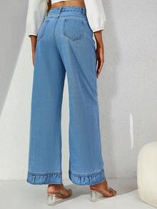 SHEIN Essnce 鈕扣 口袋 拉鍊純色女士牛仔褲 - 淺色水洗藍 - 查看 2