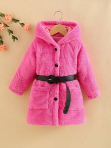 SHEIN Young Girl Dual Pocket Hooded Belted Fluffy Coat - Berwarna merah muda - View 3