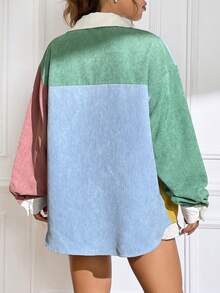 SHEIN EZwear Áo khoác nhung kẻ có túi kép chi tiết được vá bằng chữ Colorblock - Nhiều màu - Xem 2