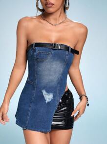 SHEIN ICON Ripped Asymmetrical Hem Denim Tube Top - Blue - View 3