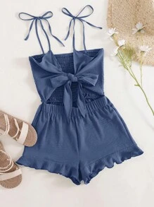 Breezaya Cut Out Knot Shoulder Cami Romper - Blue - View 1