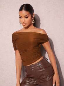 SHEIN BAE 一字肩側收褶短款上衣 - 咖啡棕 - 查看 5