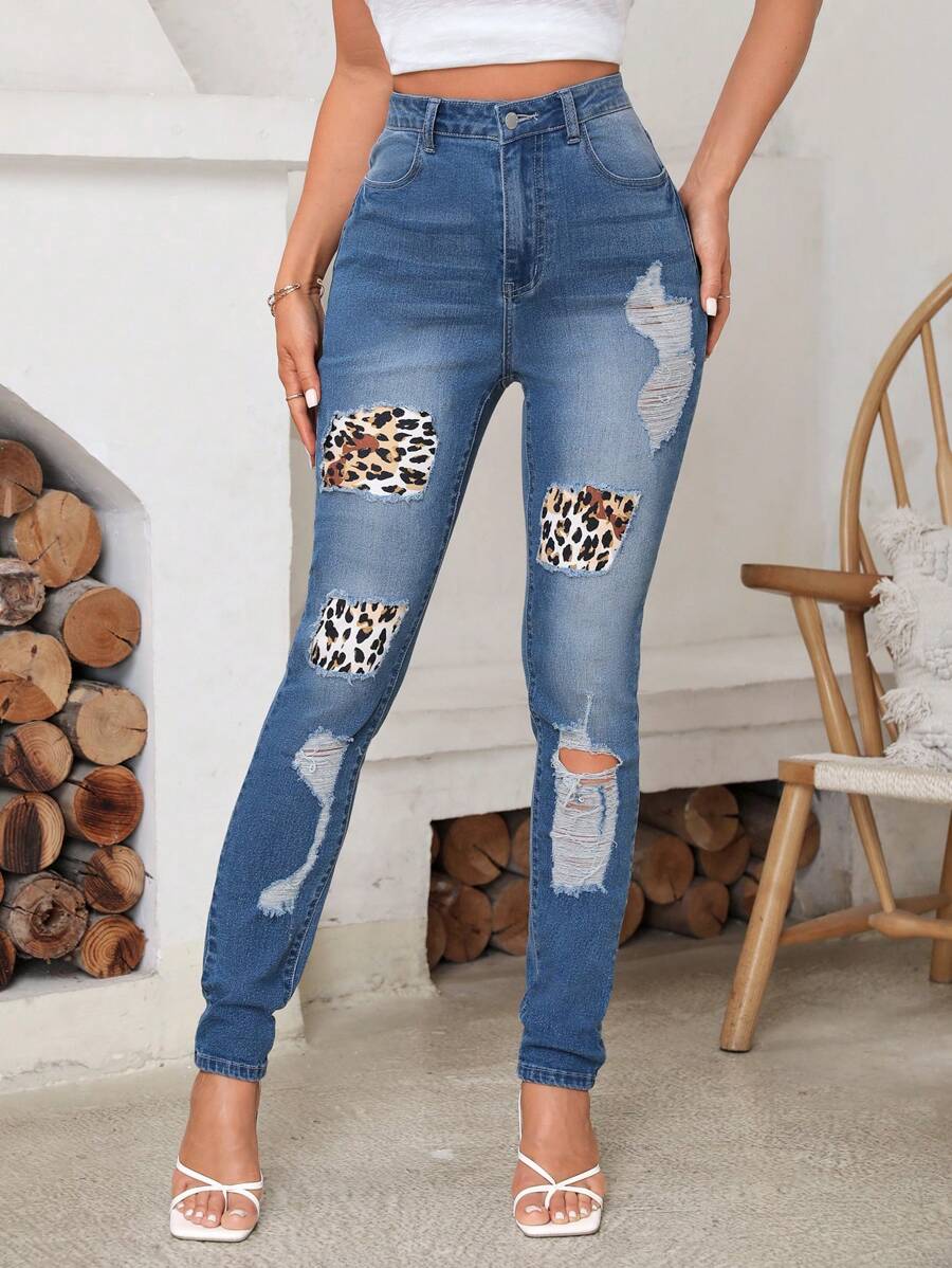 SHEIN LUNE Leopard Print Ripped Skinny Jeans - Medium Wash - View 1
