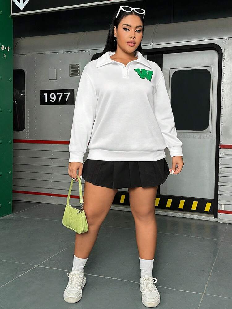 Plus Letter Patched Polo Neck Drop Shoulder Sweatshirt Pullover Fall Sweatshirt