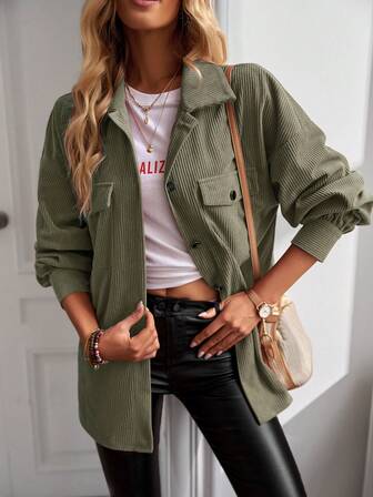 Flap Detail Drop Shoulder Corduroy Shirt